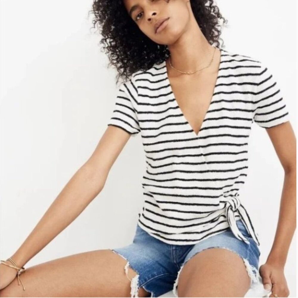 Madewell Texture & Thread Striped Wrap-Tie Terry Cloth Short Sleeve Top Large